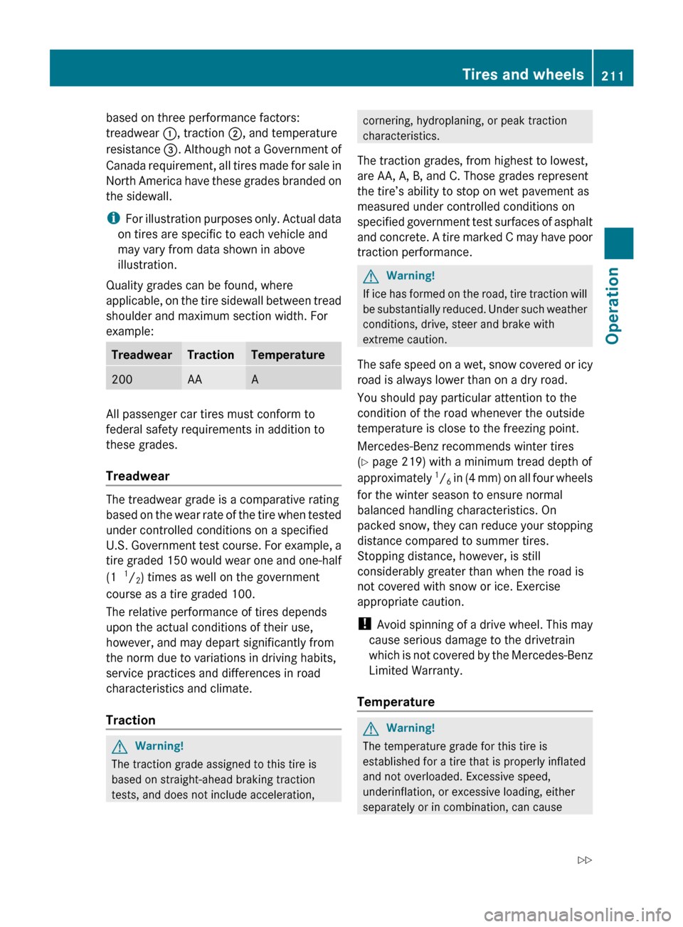MERCEDES-BENZ SLK300 2010 R171 Owners Manual based on three performance factors:
treadwear 
:, traction  ;, and temperature
resistance  =. 
Although not a Government of
Canada requirement, all tires made for sale in
North America have these grad