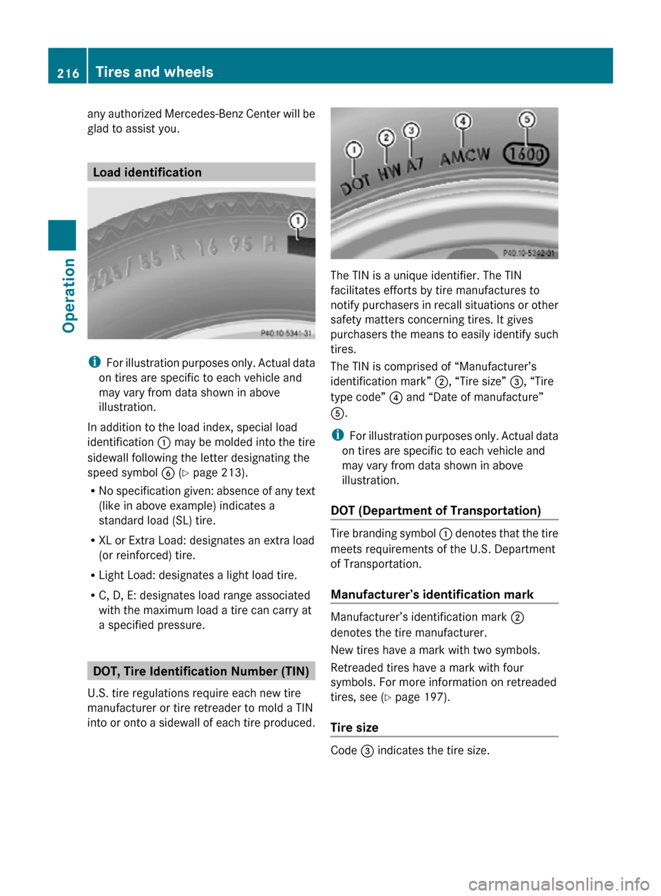 MERCEDES-BENZ SLK350 2010 R171 Owners Manual any authorized Mercedes-Benz Center will be
glad to assist you.
Load identification
i
For illustration purposes only. Actual data
on tires are specific to each vehicle and
may vary from data shown in 