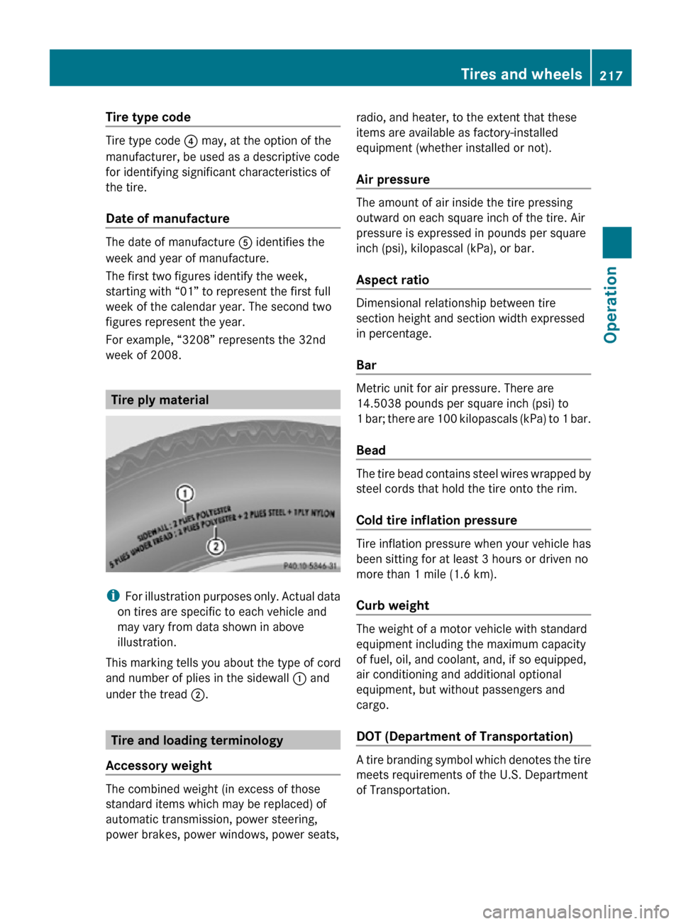 MERCEDES-BENZ SLK55AMG 2010 R171 Owners Manual Tire type code
Tire type code
? may, at the option of the
manufacturer, be used as a descriptive code
for identifying significant characteristics of
the tire.
Date of manufacture The date of manufact MERCEDES-BENZ SLK55AMG 2010 R171 Owners Manual Tire type code
Tire type code
? may, at the option of the
manufacturer, be used as a descriptive code
for identifying significant characteristics of
the tire.
Date of manufacture The date of manufact