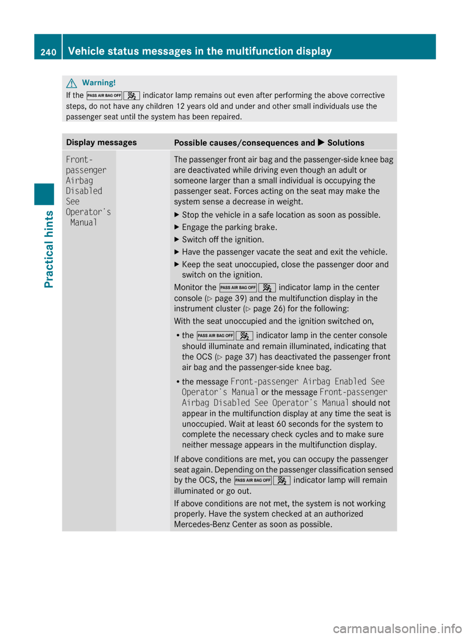 MERCEDES-BENZ SLK300 2010 R171 Owners Manual G
Warning!
If the  04 indicator lamp remains out even after performing the above corrective
steps, do not have any children 12 years old and under and other small individuals use the
passenger seat un