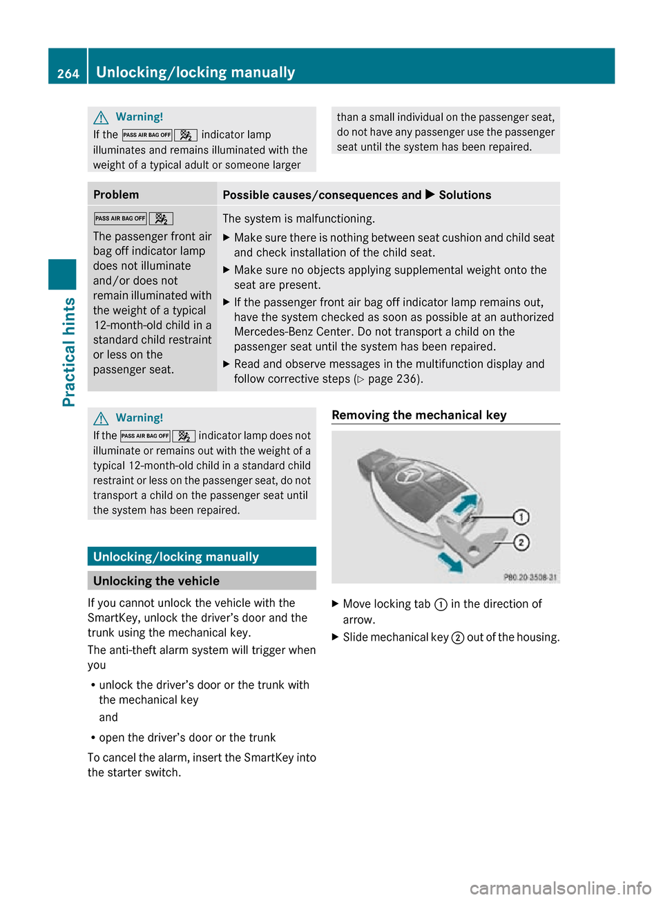 MERCEDES-BENZ SLK55AMG 2010 R171 Owners Manual G
Warning!
If the 04 indicator lamp
illuminates and remains illuminated with the
weight of a typical adult or someone larger than a small individual on the passenger seat,
do not have any passenger u MERCEDES-BENZ SLK55AMG 2010 R171 Owners Manual G
Warning!
If the 04 indicator lamp
illuminates and remains illuminated with the
weight of a typical adult or someone larger than a small individual on the passenger seat,
do not have any passenger u