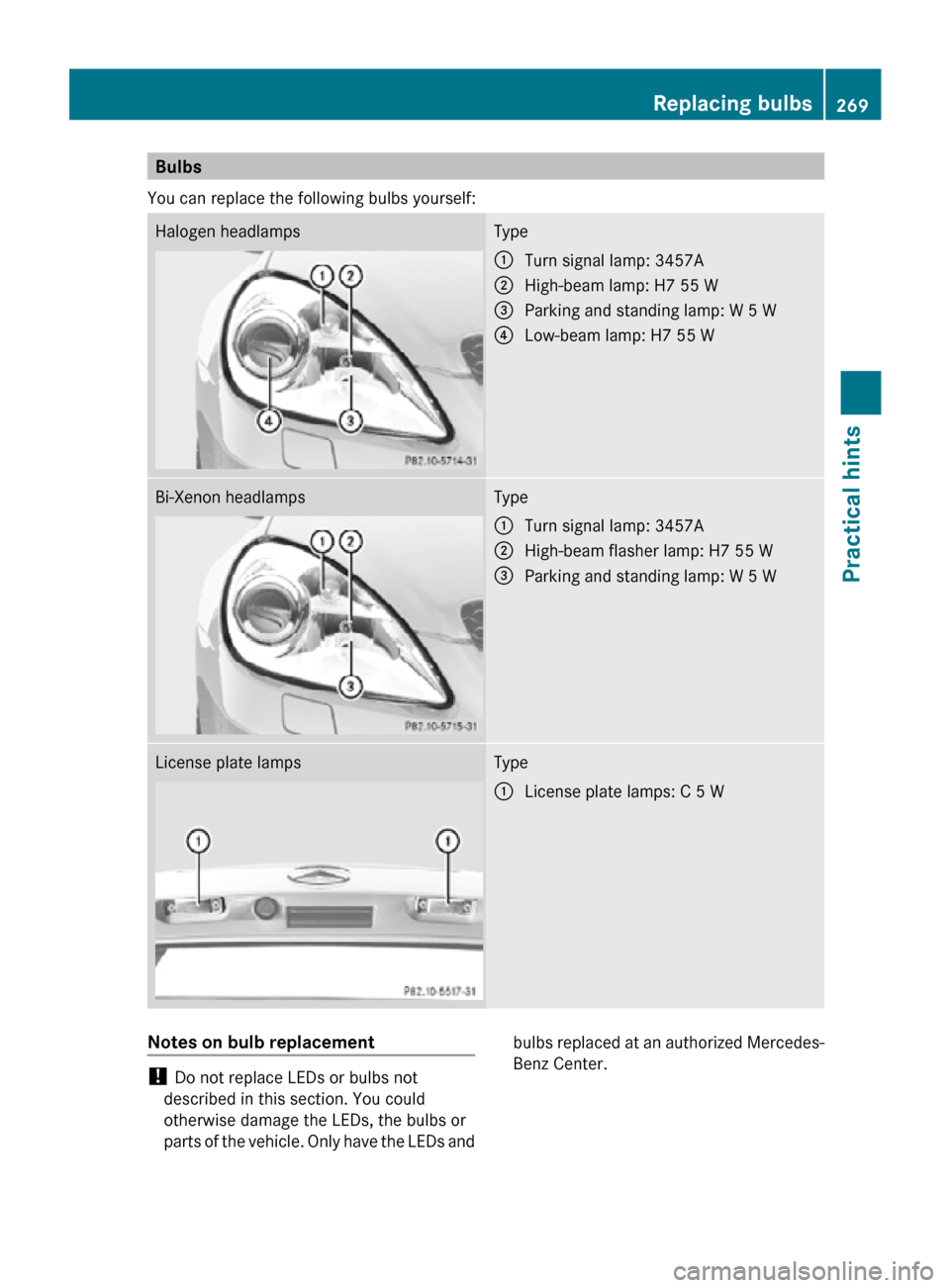 MERCEDES-BENZ SLK55AMG 2010 R171 Owners Manual Bulbs
You can replace the following bulbs yourself: Halogen headlamps Type
:
Turn signal lamp: 3457A
; High-beam lamp: H7 55 W
= Parking and standing lamp: W 5 W
? Low-beam lamp: H7 55 W Bi-Xenon head MERCEDES-BENZ SLK55AMG 2010 R171 Owners Manual Bulbs
You can replace the following bulbs yourself: Halogen headlamps Type
:
Turn signal lamp: 3457A
; High-beam lamp: H7 55 W
= Parking and standing lamp: W 5 W
? Low-beam lamp: H7 55 W Bi-Xenon head