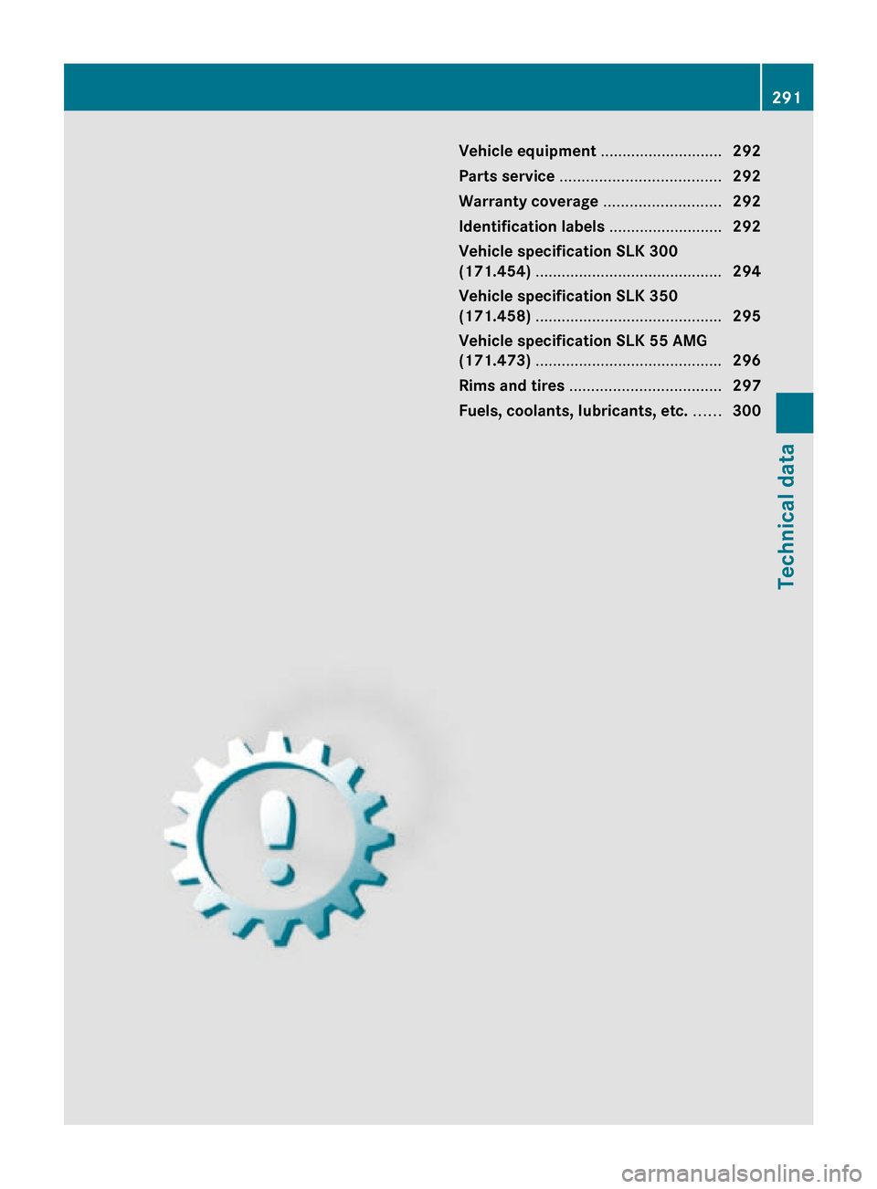 MERCEDES-BENZ SLK55AMG 2010 R171 Owners Manual Vehicle equipment ............................
292
Parts service ..................................... 292
Warranty coverage  ...........................292
Identification labels  ....................
