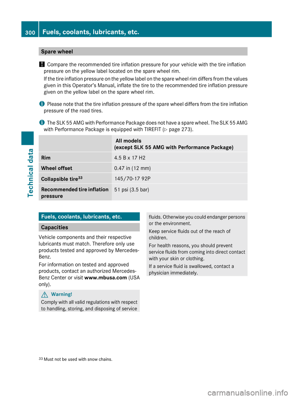 MERCEDES-BENZ SLK350 2010 R171 Owners Manual Spare wheel
!  Compare the recommended tire inflation pressure for your vehicle with the tire inflation
pressure on the yellow label located on the spare wheel rim.
If 
the tire inflation pressure on 