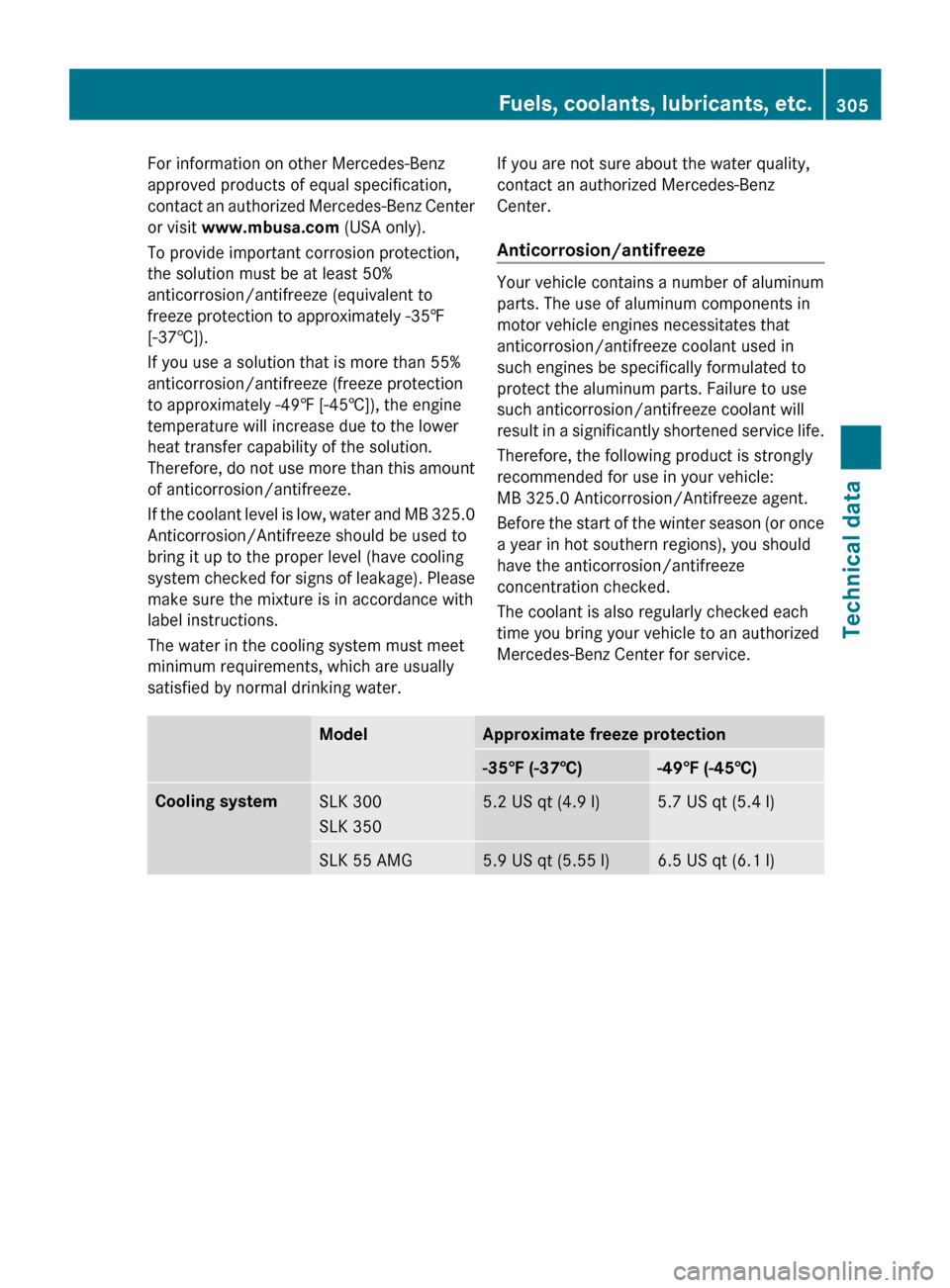 MERCEDES-BENZ SLK350 2010 R171 Owners Manual For information on other Mercedes-Benz
approved products of equal specification,
contact 
an authorized Mercedes-Benz Center
or visit www.mbusa.com (USA only).
To provide important corrosion protectio