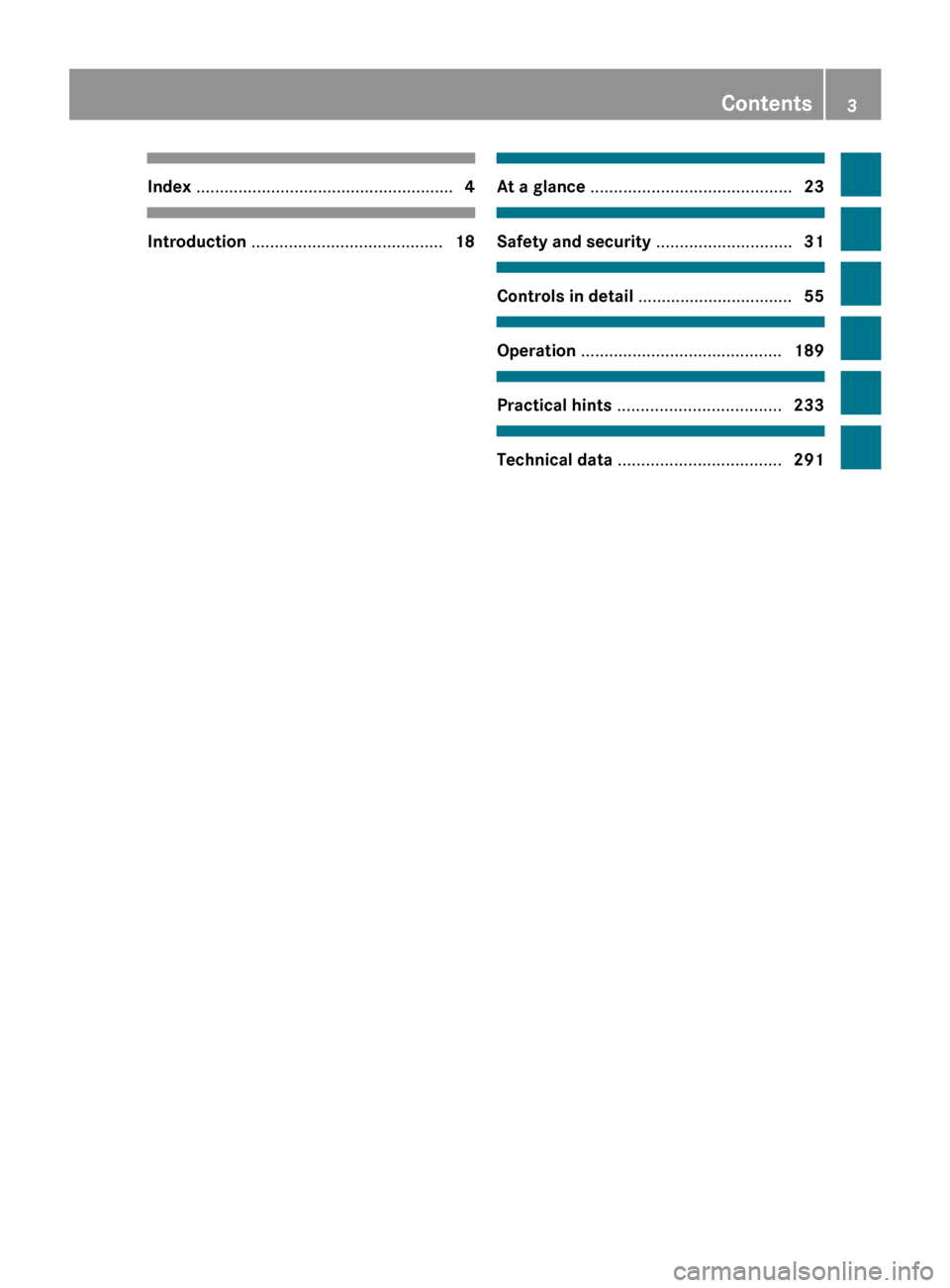 MERCEDES-BENZ SLK300 2010 R171 Owners Manual Index 
....................................................... 4Introduction .........................................
18 At a glance 
........................................... 23 Safety and securit