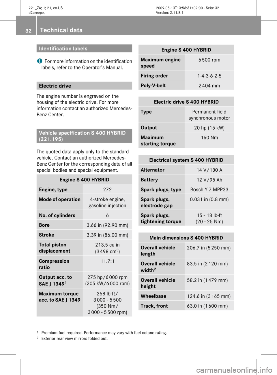 MERCEDES-BENZ S450 HYBRID 2010 W221 Owners Guide Identification labels
i For more information on the identification
labels, refer to the Operator’s Manual.
Electric drive
The engine number is engraved on the
housing of the electric drive. For mor MERCEDES-BENZ S450 HYBRID 2010 W221 Owners Guide Identification labels
i For more information on the identification
labels, refer to the Operator’s Manual.
Electric drive
The engine number is engraved on the
housing of the electric drive. For mor