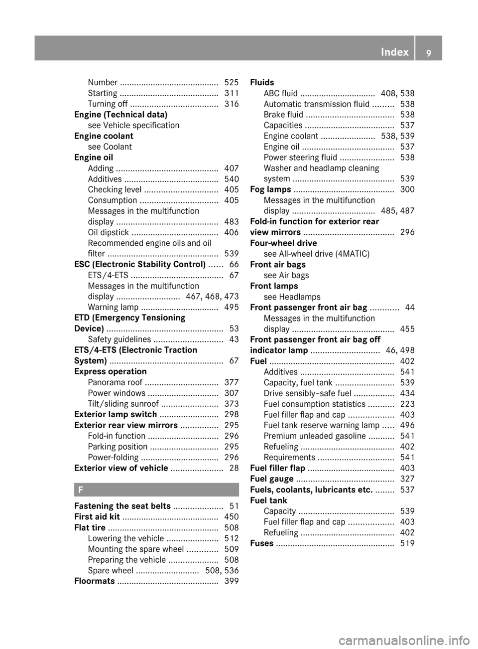 MERCEDES-BENZ S600 2010 W221 Owners Manual Number .......................................... 525
Starting  .......................................... 311
Turning off  ..................................... 316
Engine (Technical data)
see Vehicl