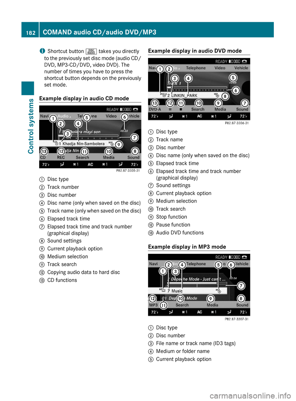 MERCEDES-BENZ S600 2010 W221 Owners Manual iShortcut button R takes you directly
to the previously set disc mode (audio CD/
DVD, MP3-CD/DVD, video DVD). The
number of times you have to press the
shortcut button depends on the previously
set mo MERCEDES-BENZ S600 2010 W221 Owners Manual iShortcut button R takes you directly
to the previously set disc mode (audio CD/
DVD, MP3-CD/DVD, video DVD). The
number of times you have to press the
shortcut button depends on the previously
set mo