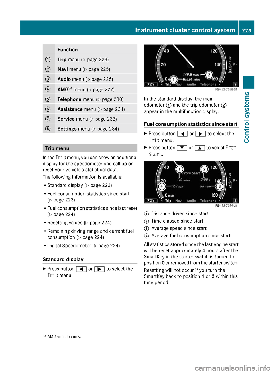 MERCEDES-BENZ S63AMG 2010 W221 Owners Manual Function:Trip menu (Y page 223);Navi menu (Y page 225)=Audio menu (Y page 226)?AMG34 menu (Y page 227)ATelephone menu (Y page 230)BAssistance menu (Y page 231)CService menu (Y page 233)DSettings menu 