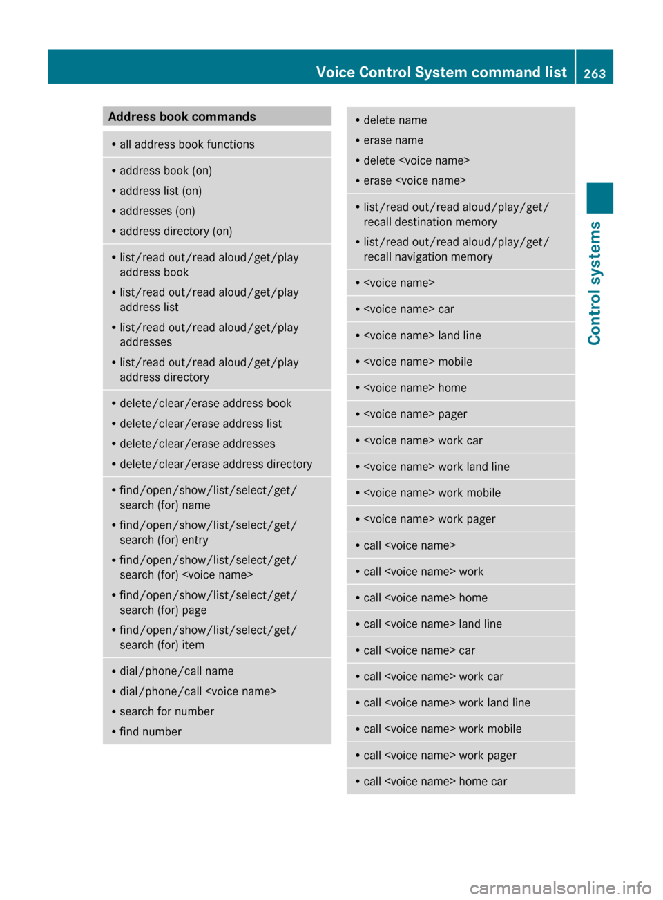 MERCEDES-BENZ S600 2010 W221 Owners Manual Address book commandsRall address book functionsRaddress book (on)
R address list (on)
R addresses (on)
R address directory (on)Rlist/read out/read aloud/get/play
address book
R list/read out/read alo MERCEDES-BENZ S600 2010 W221 Owners Manual Address book commandsRall address book functionsRaddress book (on)
R address list (on)
R addresses (on)
R address directory (on)Rlist/read out/read aloud/get/play
address book
R list/read out/read alo