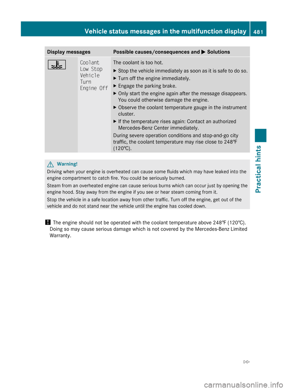 MERCEDES-BENZ S63AMG 2010 W221 Owners Manual Display messagesPossible causes/consequences and M Solutions?Coolant
Low Stop
Vehicle
Turn
Engine OffThe coolant is too hot.XStop the vehicle immediately as soon as it is safe to do so.XTurn off t MERCEDES-BENZ S63AMG 2010 W221 Owners Manual Display messagesPossible causes/consequences and M Solutions?Coolant
Low Stop
Vehicle
Turn
Engine OffThe coolant is too hot.XStop the vehicle immediately as soon as it is safe to do so.XTurn off t
