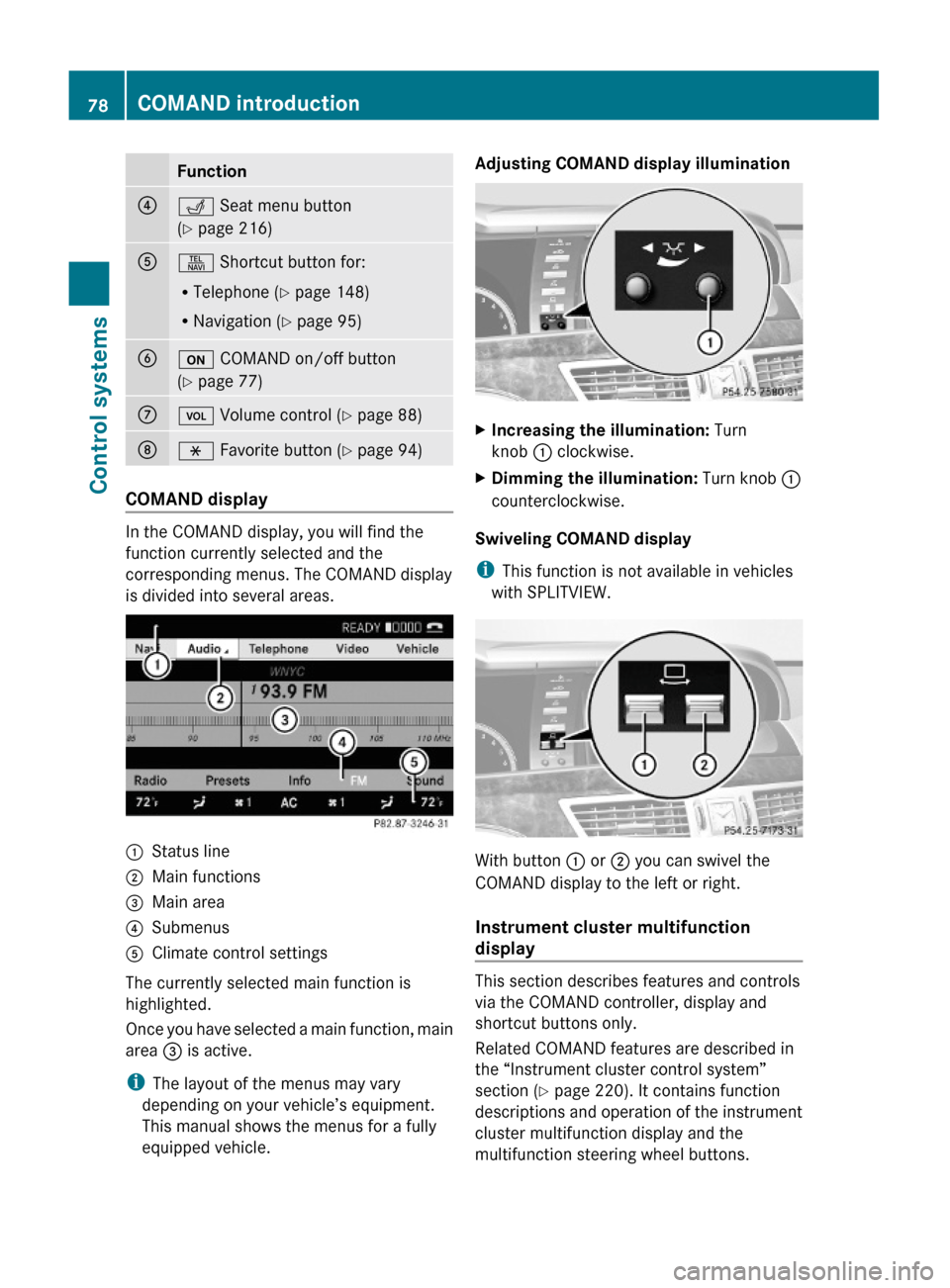 MERCEDES-BENZ S63AMG 2010 W221 Owners Manual Function?T Seat menu button
(Y page 216)
AS Shortcut button for:
RTelephone (Y page 148)
RNavigation (Y page 95)
Bu COMAND on/off button
(Y page 77)
CH Volume control (Y page 88)Dh Favorite button (Y 