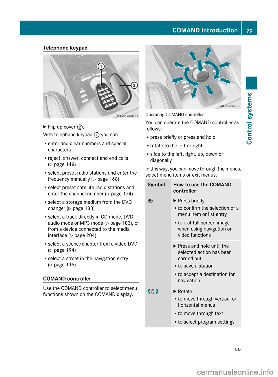 MERCEDES-BENZ S600 2010 W221 Manual Online Telephone keypad XFlip up cover ;.
With telephone keypad : you can
Renter and clear numbers and special
characters
Rreject, answer, connect and end calls
(Y page 148)
Rselect preset radio stations and