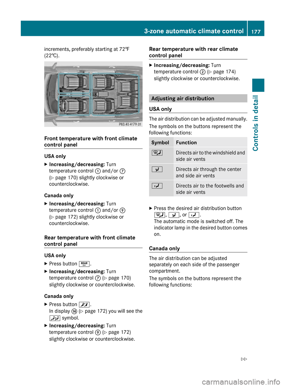 MERCEDES-BENZ R350 2010 W251 Owners Manual increments, preferably starting at 72‡
(22†).
Front temperature with front climate 
control panel
USA only
X
Increasing/decreasing:  Turn
temperature control  : and/or C
(Y page 170) slightly cloc