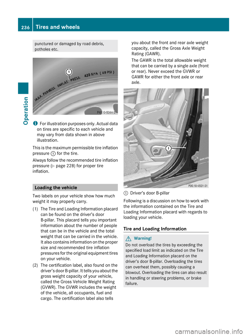 MERCEDES-BENZ R350 2010 W251 Owners Manual punctured or damaged by road debris,
potholes etc.
i
For illustration purposes only. Actual data
on tires are specific to each vehicle and
may vary from data shown in above
illustration.
This is the m
