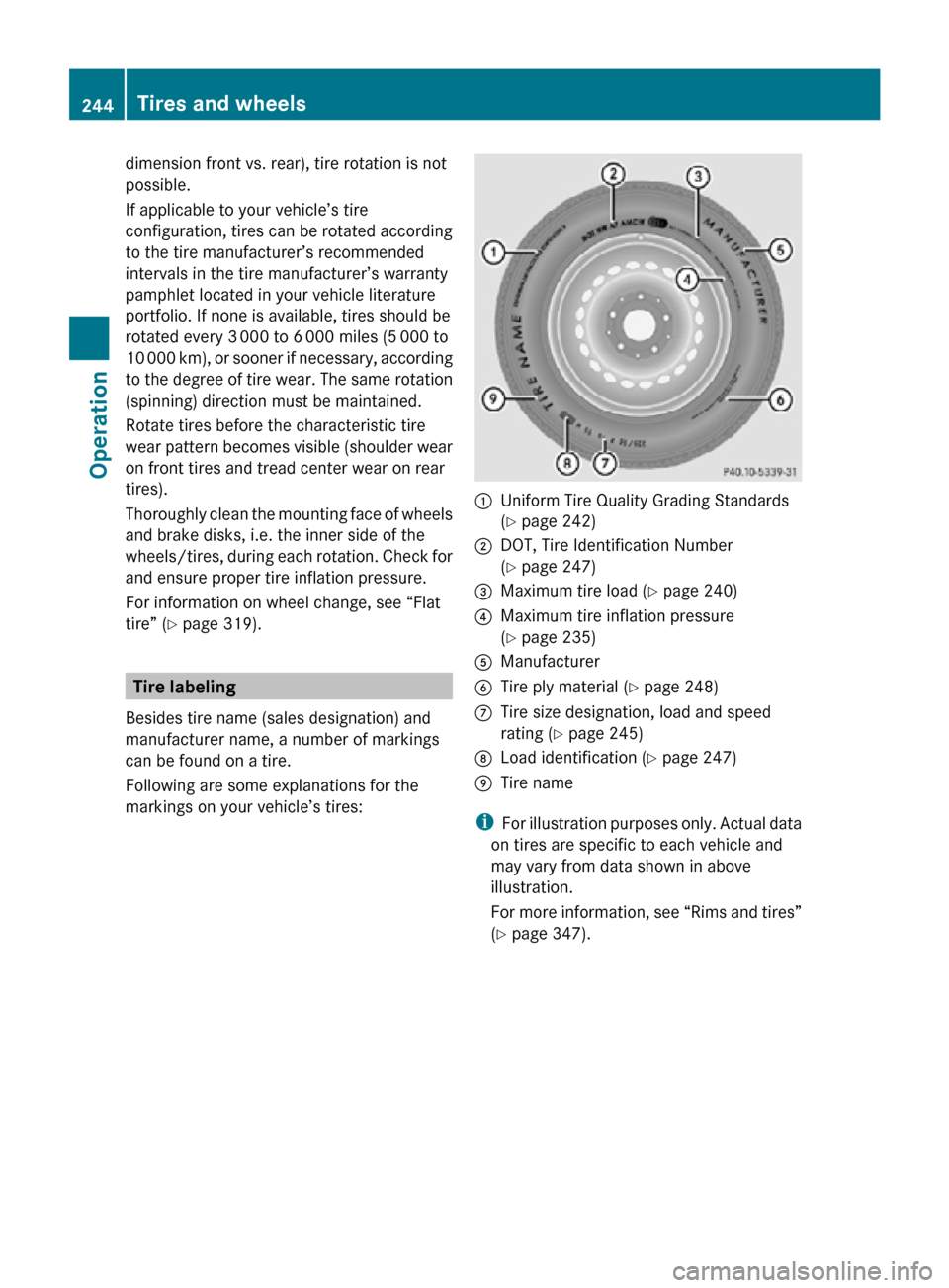 MERCEDES-BENZ R350 2010 W251 Owners Manual dimension front vs. rear), tire rotation is not
possible.
If applicable to your vehicle’s tire
configuration, tires can be rotated according
to the tire manufacturer’s recommended
intervals in the