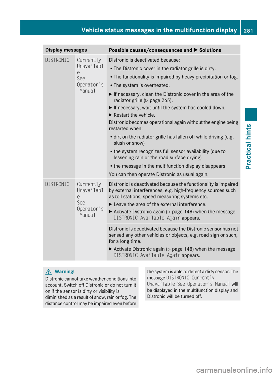 MERCEDES-BENZ R350 2010 W251 Owners Manual Display messages
Possible causes/consequences and 
X SolutionsDISTRONIC Currently 
Unavailabl
e 
See 
Operator’s
 Manual Distronic is deactivated because:
R
The Distronic cover in the radiator grill
