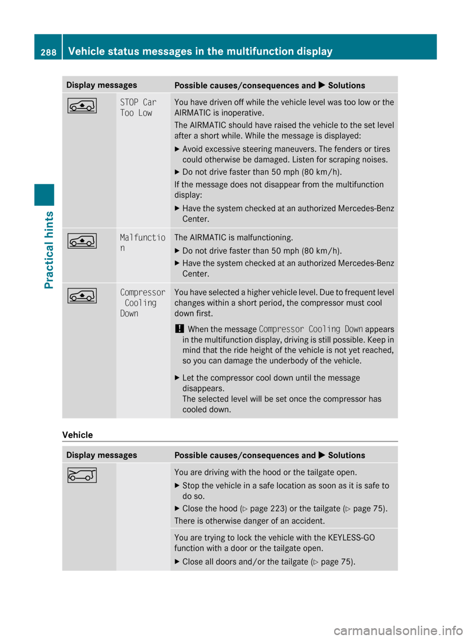 MERCEDES-BENZ R350 2010 W251 Owners Manual Display messages
Possible causes/consequences and
X SolutionsÁ STOP Car
Too Low You have driven off while the vehicle level was too low or the
AIRMATIC is inoperative.
The
AIRMATIC should have rai MERCEDES-BENZ R350 2010 W251 Owners Manual Display messages
Possible causes/consequences and
X SolutionsÁ STOP Car
Too Low You have driven off while the vehicle level was too low or the
AIRMATIC is inoperative.
The
AIRMATIC should have rai