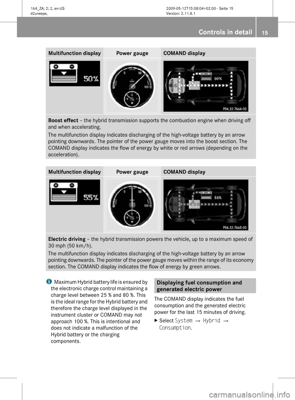 MERCEDES-BENZ ML450 HYBRID 2010 W164 User Guide Multifunction display Power gauge COMAND display
Boost effect – the hybrid transmission supports the combustion engine when driving off
and when accelerating.
The multifunction display indicates dis