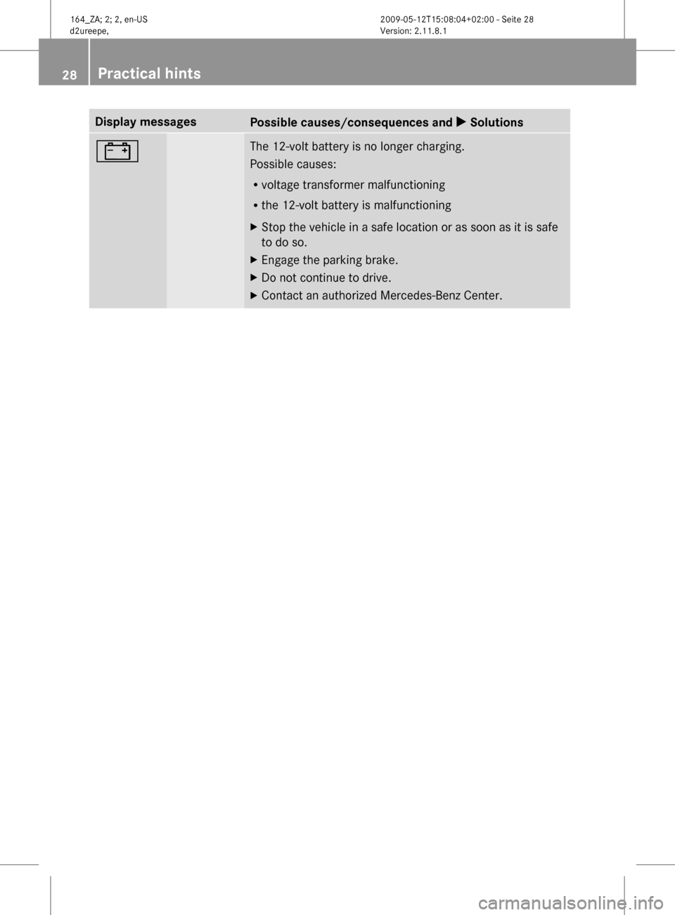 MERCEDES-BENZ ML450 HYBRID 2010 W164 Owners Guide Display messages
Possible causes/consequences and
X Solutions# The 12-volt battery is no longer charging.
Possible causes:
R
voltage transformer malfunctioning
R the 12-volt battery is malfunctioning MERCEDES-BENZ ML450 HYBRID 2010 W164 Owners Guide Display messages
Possible causes/consequences and
X Solutions# The 12-volt battery is no longer charging.
Possible causes:
R
voltage transformer malfunctioning
R the 12-volt battery is malfunctioning