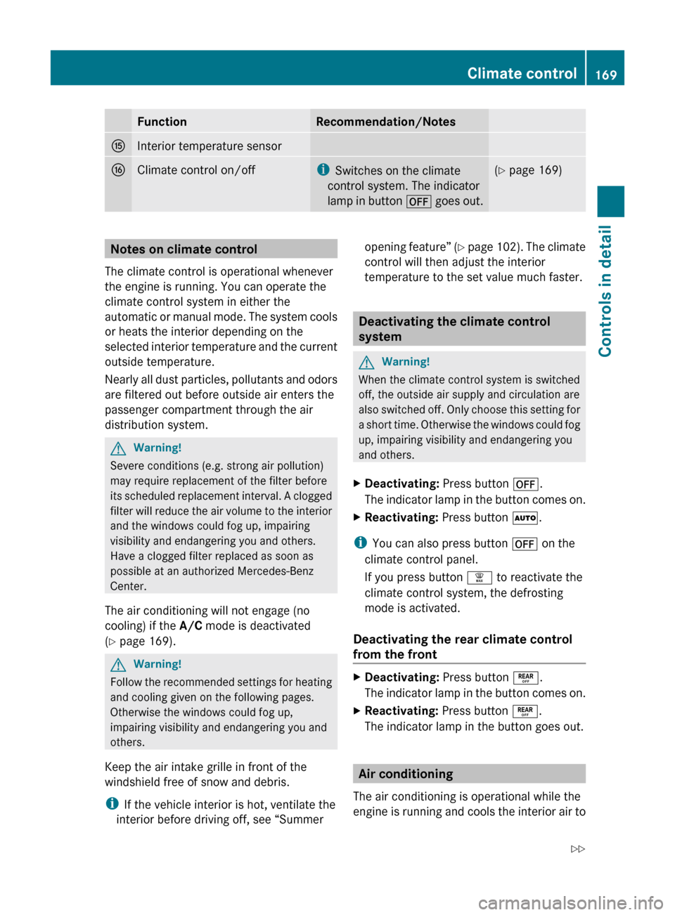 MERCEDES-BENZ ML350 2010 W164 Owners Manual FunctionRecommendation/NotesKInterior temperature sensorLClimate control on/offiSwitches on the climate
control system. The indicator
lamp in button  ^ goes out.(Y  page 169)Notes on climate control
T