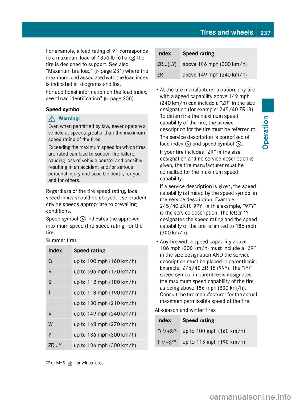 MERCEDES-BENZ ML63AMG 2010 W164 Owners Manual For example, a load rating of 91 corresponds
to a maximum load of 1356 lb (615 kg) the
tire is designed to support. See also
“Maximum tire load”  (Y  page 231) where the
maximum load associated wi