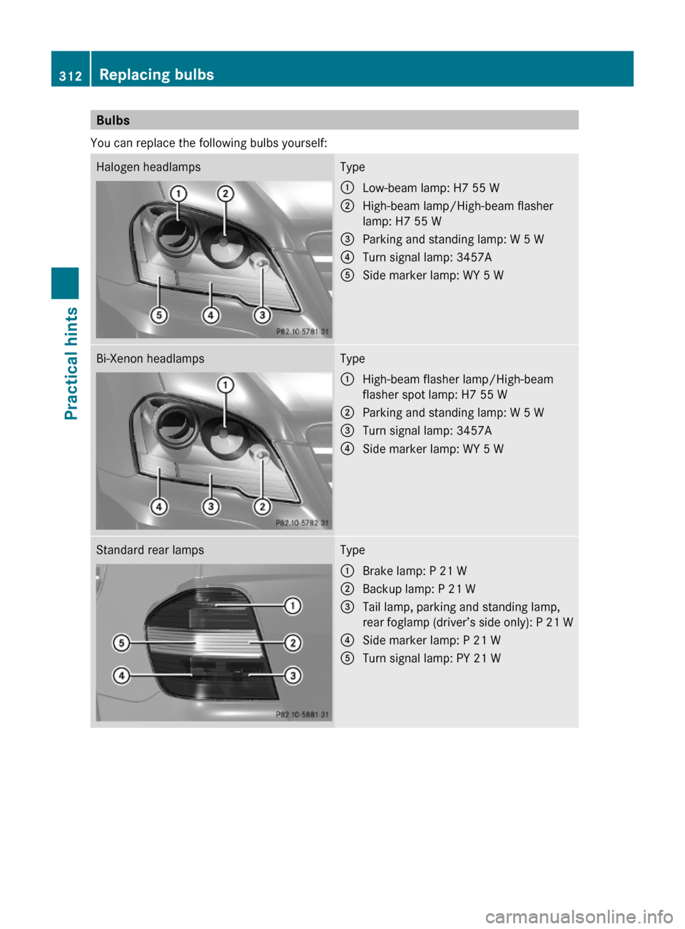 MERCEDES-BENZ ML550 2010 W164 Owners Manual Bulbs
You can replace the following bulbs yourself:
Halogen headlampsType:Low-beam lamp: H7 55 W;High-beam lamp/High-beam flasher
lamp: H7 55 W
=Parking and standing lamp: W 5 W?Turn signal lamp: 3457 MERCEDES-BENZ ML550 2010 W164 Owners Manual Bulbs
You can replace the following bulbs yourself:
Halogen headlampsType:Low-beam lamp: H7 55 W;High-beam lamp/High-beam flasher
lamp: H7 55 W
=Parking and standing lamp: W 5 W?Turn signal lamp: 3457