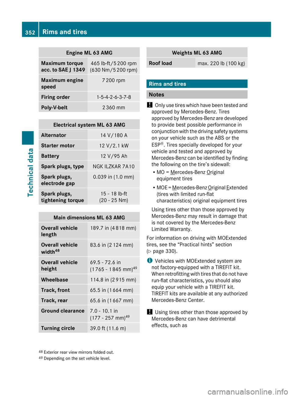 MERCEDES-BENZ ML350 2010 W164 Owners Manual Engine ML 63 AMGMaximum torque 
acc. to SAE J 1349465 lb-ft/5  200 rpm
( 630 Nm/5  200 rpm)Maximum engine 
speed7  200 rpmFiring order1-5-4-2-6-3-7-8Poly-V-belt2  360 mmElectrical system ML 63 AMGAlte