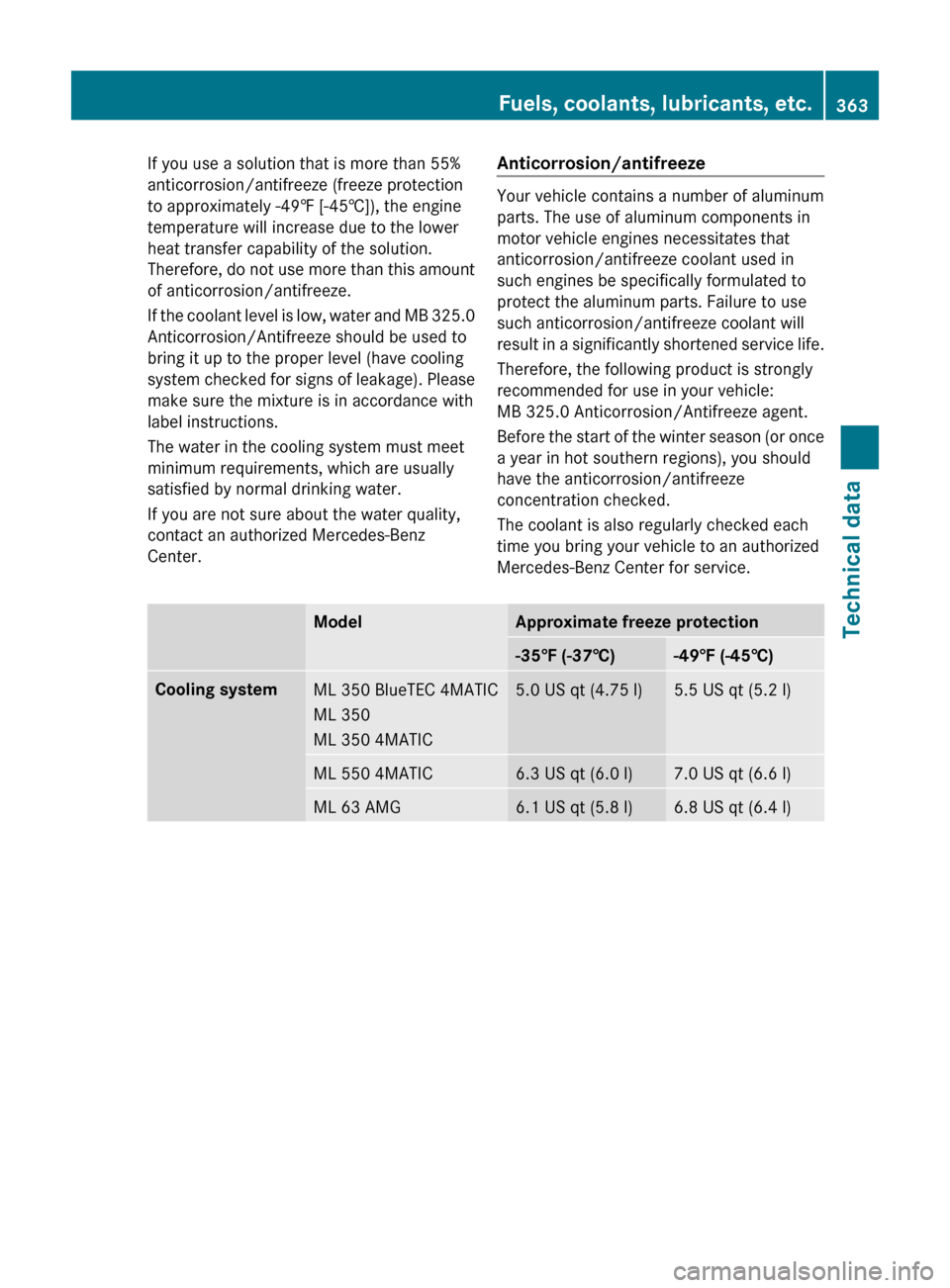 MERCEDES-BENZ ML550 2010 W164 Owners Manual If you use a solution that is more than 55%
anticorrosion/antifreeze (freeze protection
to approximately -49‡ [-45†]), the engine
temperature will increase due to the lower
heat transfer capabilit