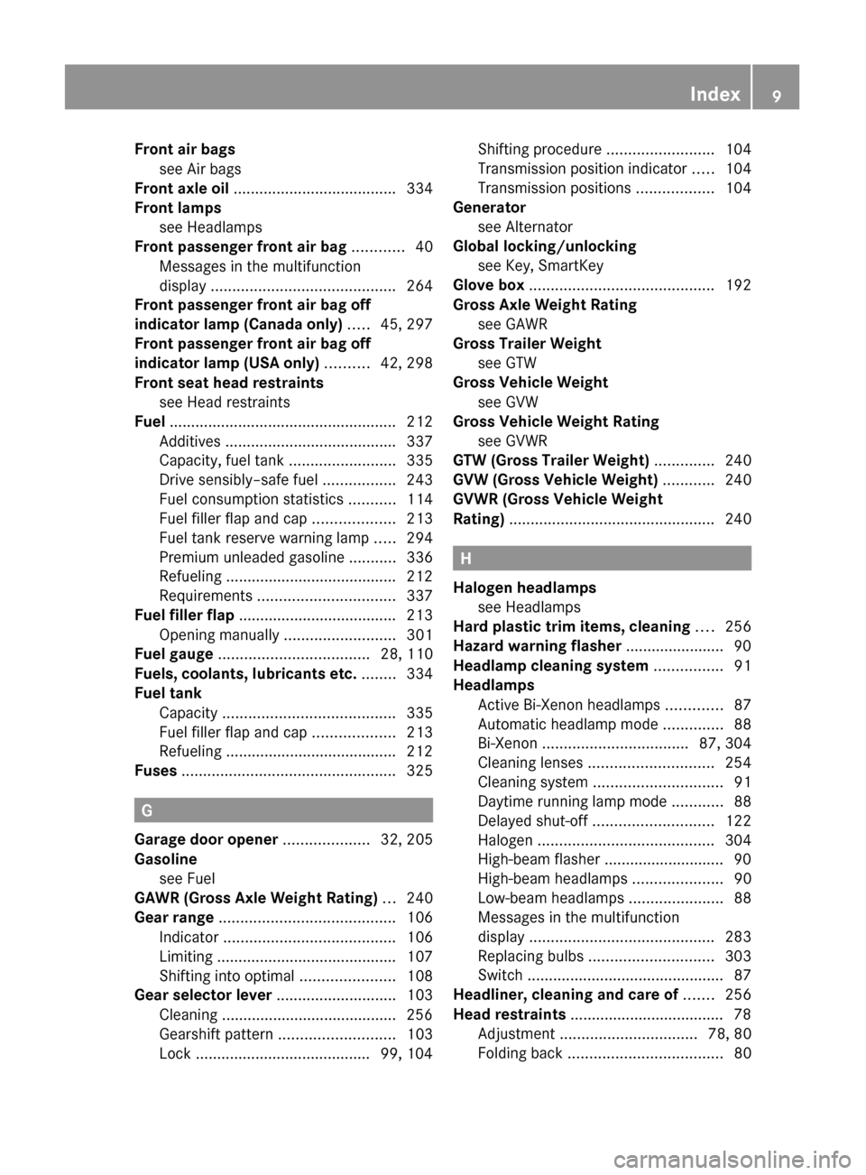 MERCEDES-BENZ GLK350 4MATIC 2010 X204 User Guide Front air bagssee Air bags                                              
Front axle oil  ...................................... 334
Front lamps see Headlamps                                         
F