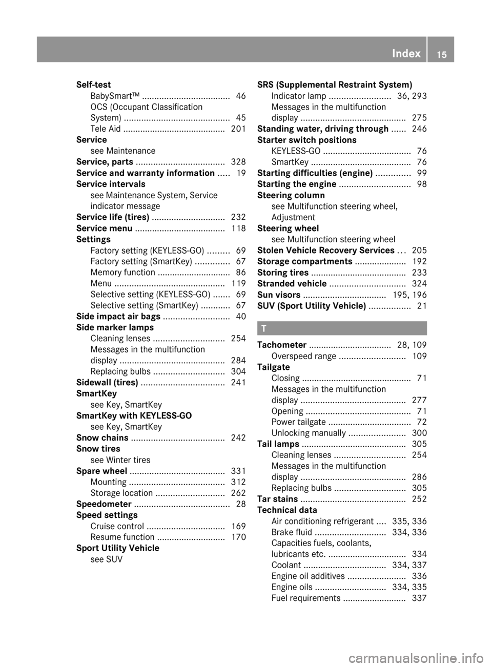 MERCEDES-BENZ GLK350 4MATIC 2010 X204 User Guide Self-test 
BabySmart™  .................................... 46
OCS (Occupant Classification
System)  ........................................... 45
Tele Aid  ........................................