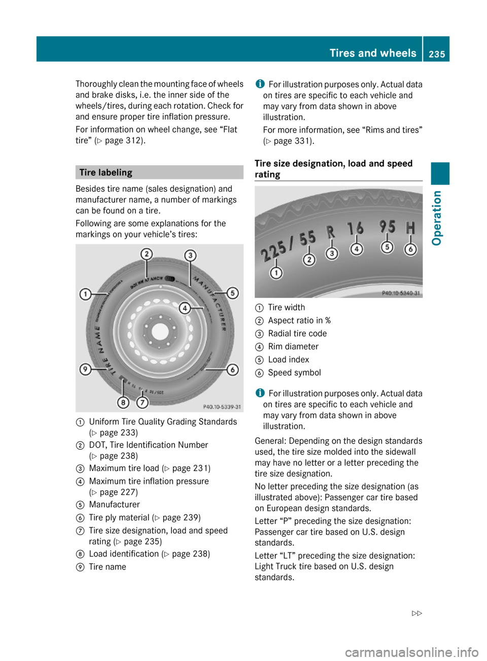 MERCEDES-BENZ GLK350 4MATIC 2010 X204 Owners Manual Thoroughly clean the mounting face of wheels
and brake disks, i.e. the inner side of the
wheels/tires, during each rotation. Check for
and ensure proper tire inflation pressure.
For information on whe MERCEDES-BENZ GLK350 4MATIC 2010 X204 Owners Manual Thoroughly clean the mounting face of wheels
and brake disks, i.e. the inner side of the
wheels/tires, during each rotation. Check for
and ensure proper tire inflation pressure.
For information on whe