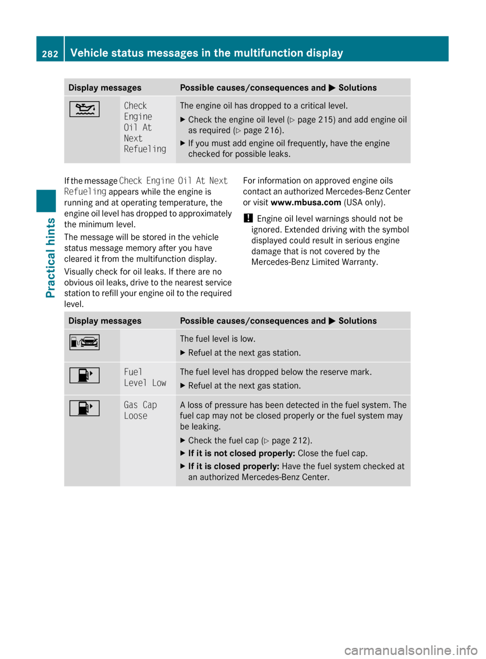 MERCEDES-BENZ GLK350 4MATIC 2010 X204 Owners Manual Display messagesPossible causes/consequences and M Solutions4Check 
Engine 
Oil At 
Next 
RefuelingThe engine oil has dropped to a critical level.XCheck the engine oil level ( Y page 215) and add engi