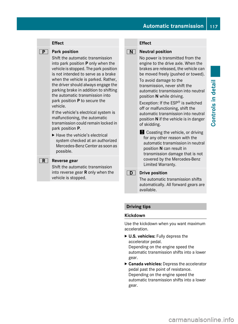MERCEDES-BENZ GL550 2010 X164 Owners Manual EffectBPark position
Shift the automatic transmission
into park position P only when the
vehicle is stopped. The park position
is not intended to serve as a brake
when the vehicle is parked. Rather,
MERCEDES-BENZ GL550 2010 X164 Owners Manual EffectBPark position
Shift the automatic transmission
into park position P only when the
vehicle is stopped. The park position
is not intended to serve as a brake
when the vehicle is parked. Rather,