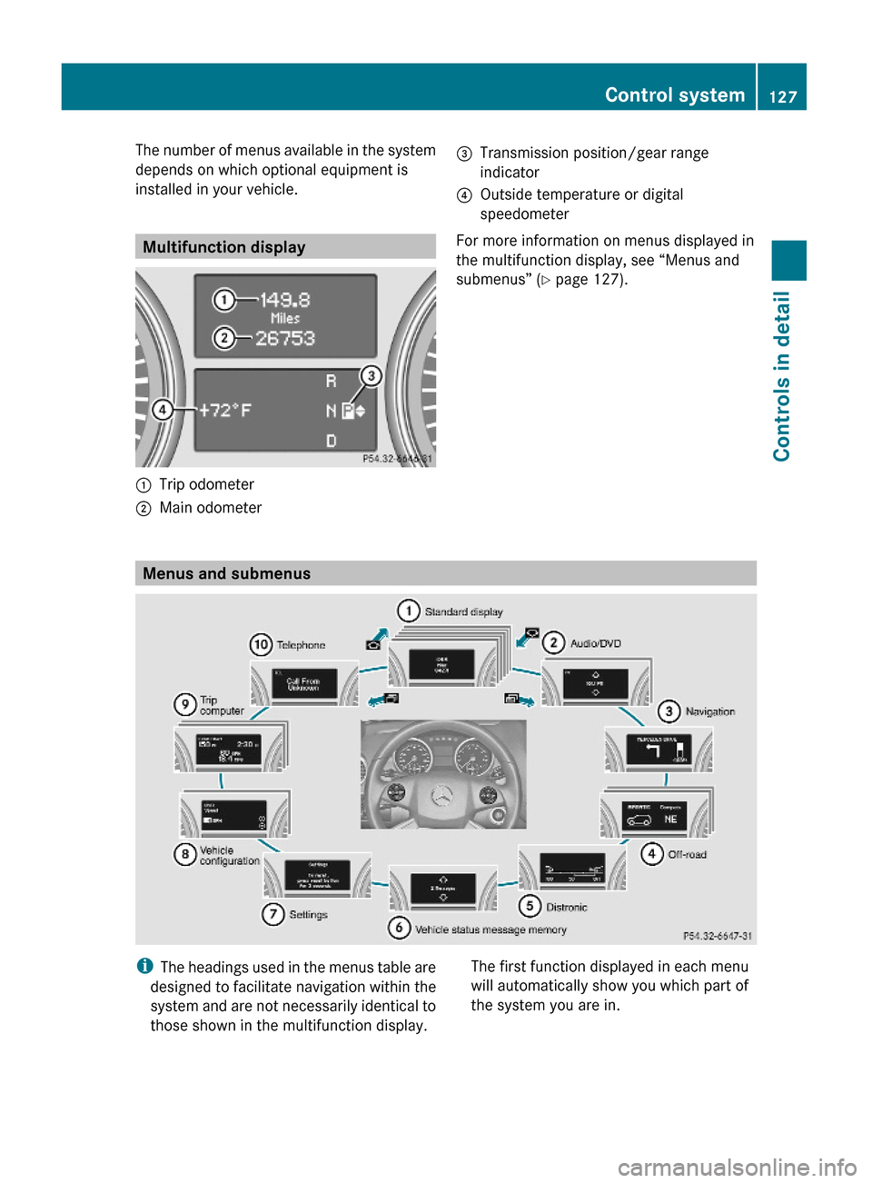 MERCEDES-BENZ GL550 2010 X164 Owners Manual The number of menus available in the system
depends on which optional equipment is
installed in your vehicle.
Multifunction display
:Trip odometer;Main odometer =Transmission position/gear range
indic MERCEDES-BENZ GL550 2010 X164 Owners Manual The number of menus available in the system
depends on which optional equipment is
installed in your vehicle.
Multifunction display
:Trip odometer;Main odometer =Transmission position/gear range
indic
