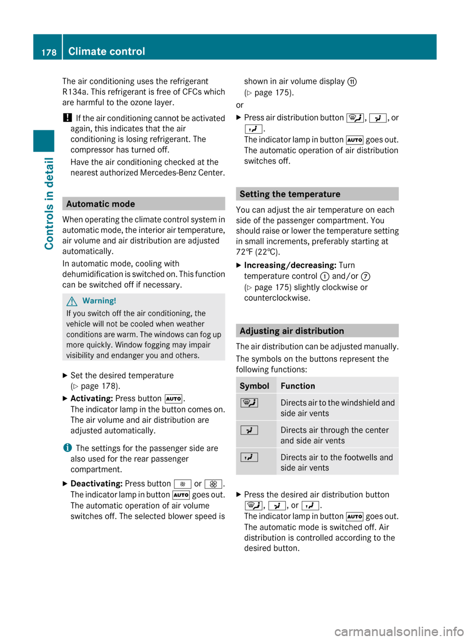 MERCEDES-BENZ GL450 2010 X164 Owners Manual The air conditioning uses the refrigerant
R134a. This refrigerant is free of CFCs which
are harmful to the ozone layer.
!  If the air conditioning cannot be activated
again, this indicates that the ai