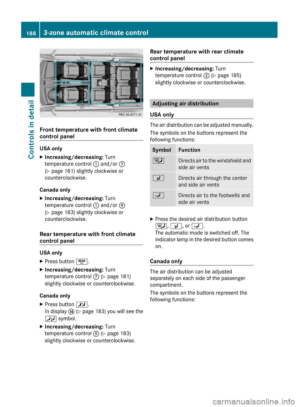 MERCEDES-BENZ GL450 2010 X164 Owners Guide Front temperature with front climate 
control panel
USA only
XIncreasing/decreasing: Turn
temperature control : and/or C
(Y page 181) slightly clockwise or
counterclockwise.
Canada only
XIncreasing/de