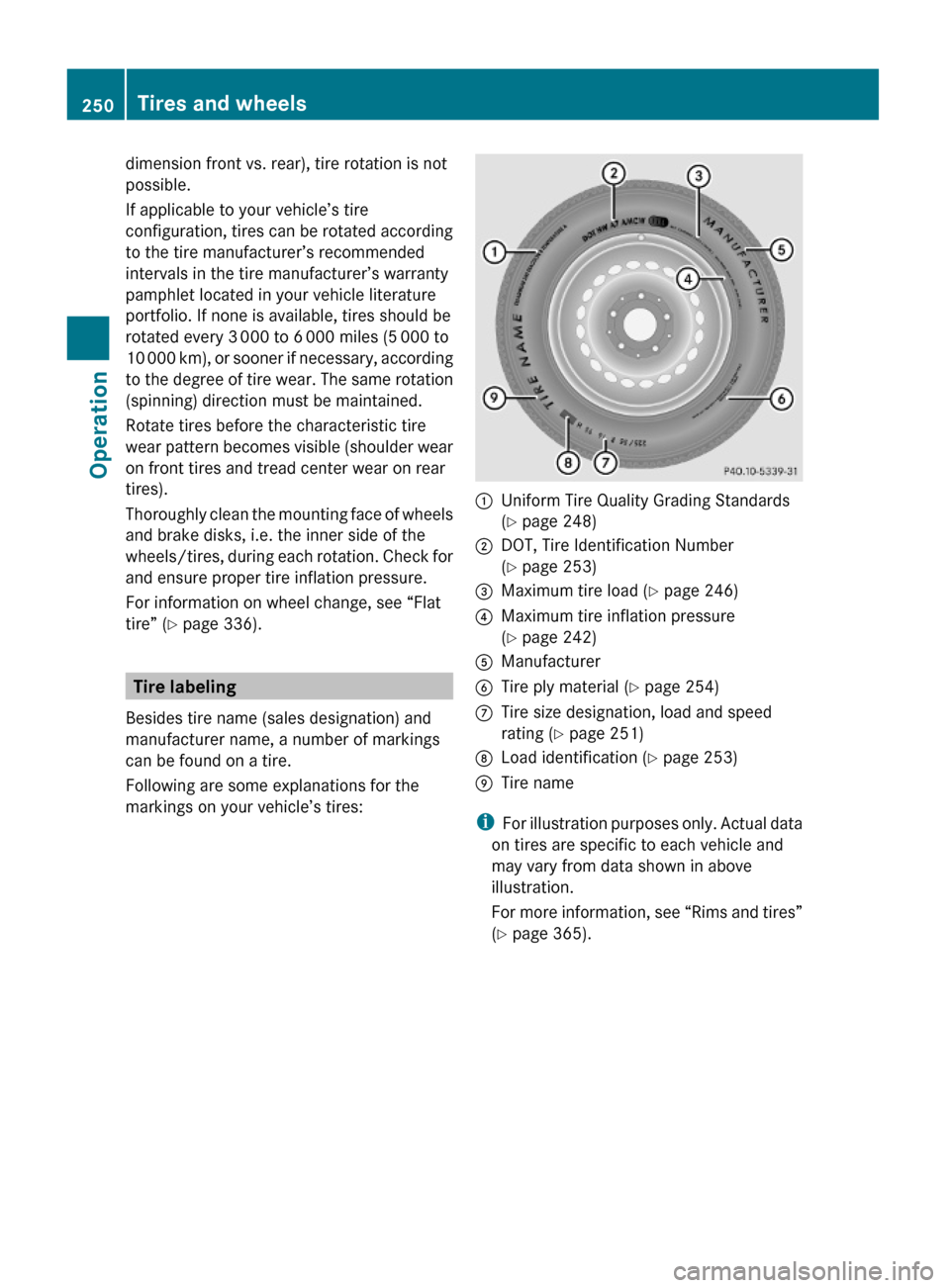 MERCEDES-BENZ GL550 2010 X164 Owners Manual dimension front vs. rear), tire rotation is not
possible.
If applicable to your vehicle’s tire
configuration, tires can be rotated according
to the tire manufacturer’s recommended
intervals in the