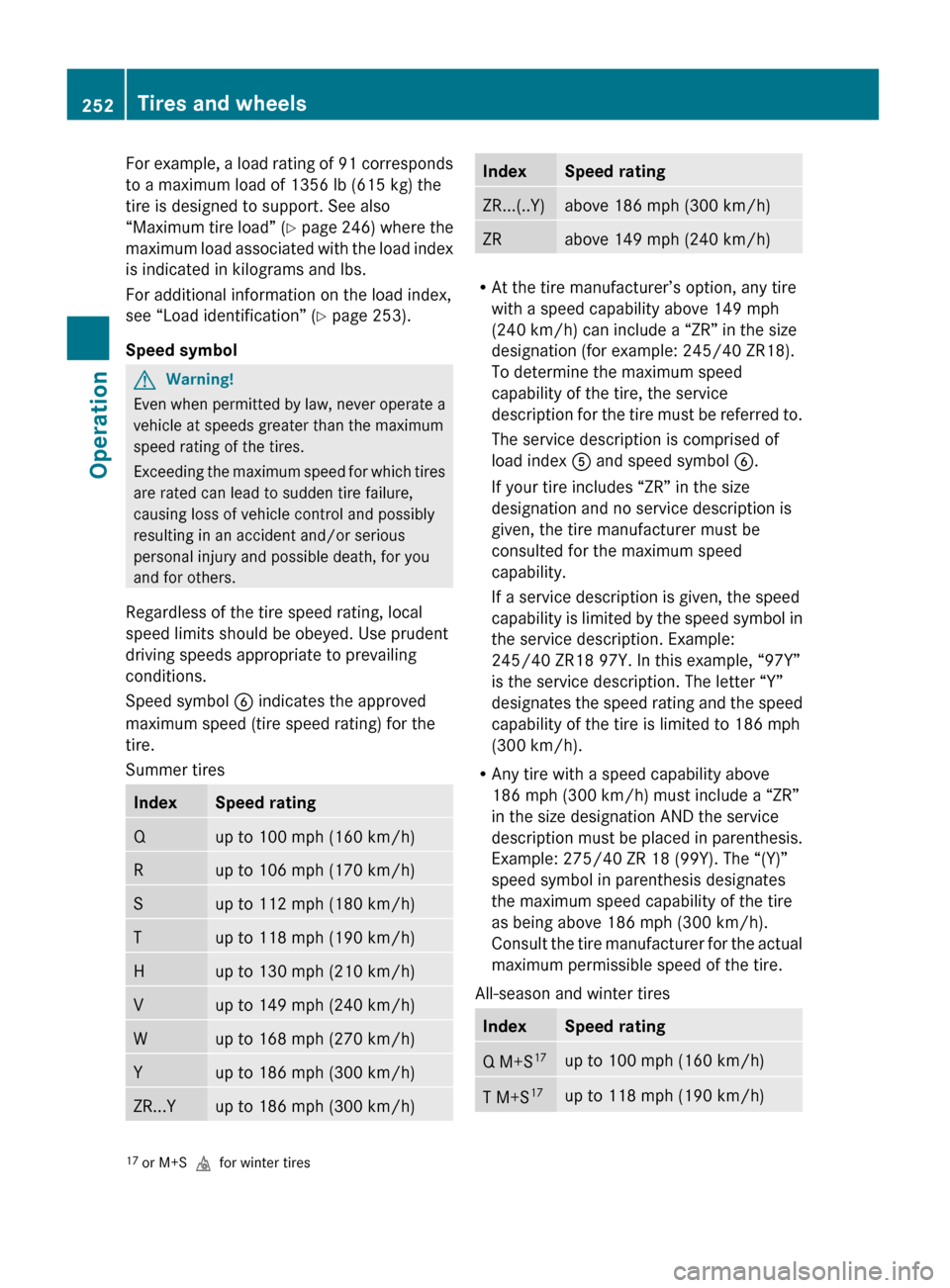 MERCEDES-BENZ GL550 2010 X164 Owners Manual For example, a load rating of 91 corresponds
to a maximum load of 1356 lb (615 kg) the
tire is designed to support. See also
“Maximum tire load”  (Y  page 246) where the
maximum load associated wi