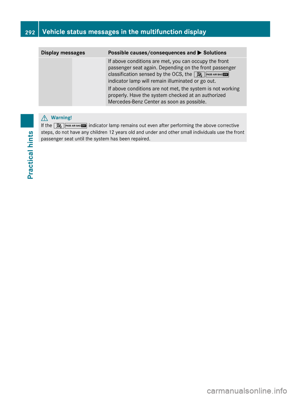 MERCEDES-BENZ GL550 2010 X164 Owners Manual Display messagesPossible causes/consequences and M SolutionsIf above conditions are met, you can occupy the front
passenger seat again. Depending on the front passenger
classification sensed by the OC