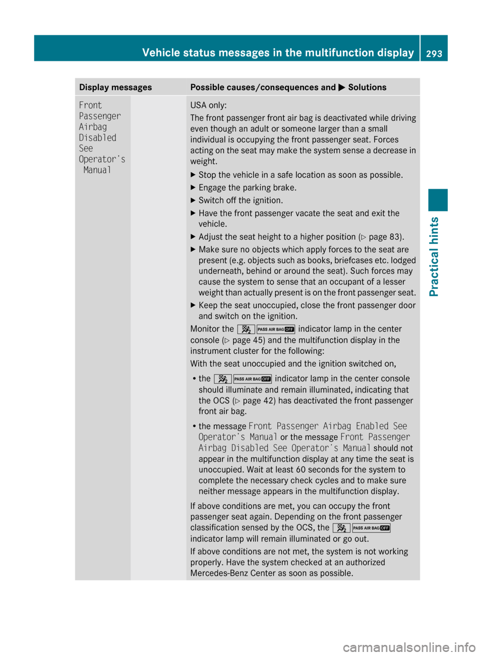 MERCEDES-BENZ GL550 2010 X164 Owners Manual Display messagesPossible causes/consequences and M SolutionsFront 
Passenger 
Airbag 
Disabled 
See 
Operator’s
 ManualUSA only:
The front passenger front air bag is deactivated while driving
even t