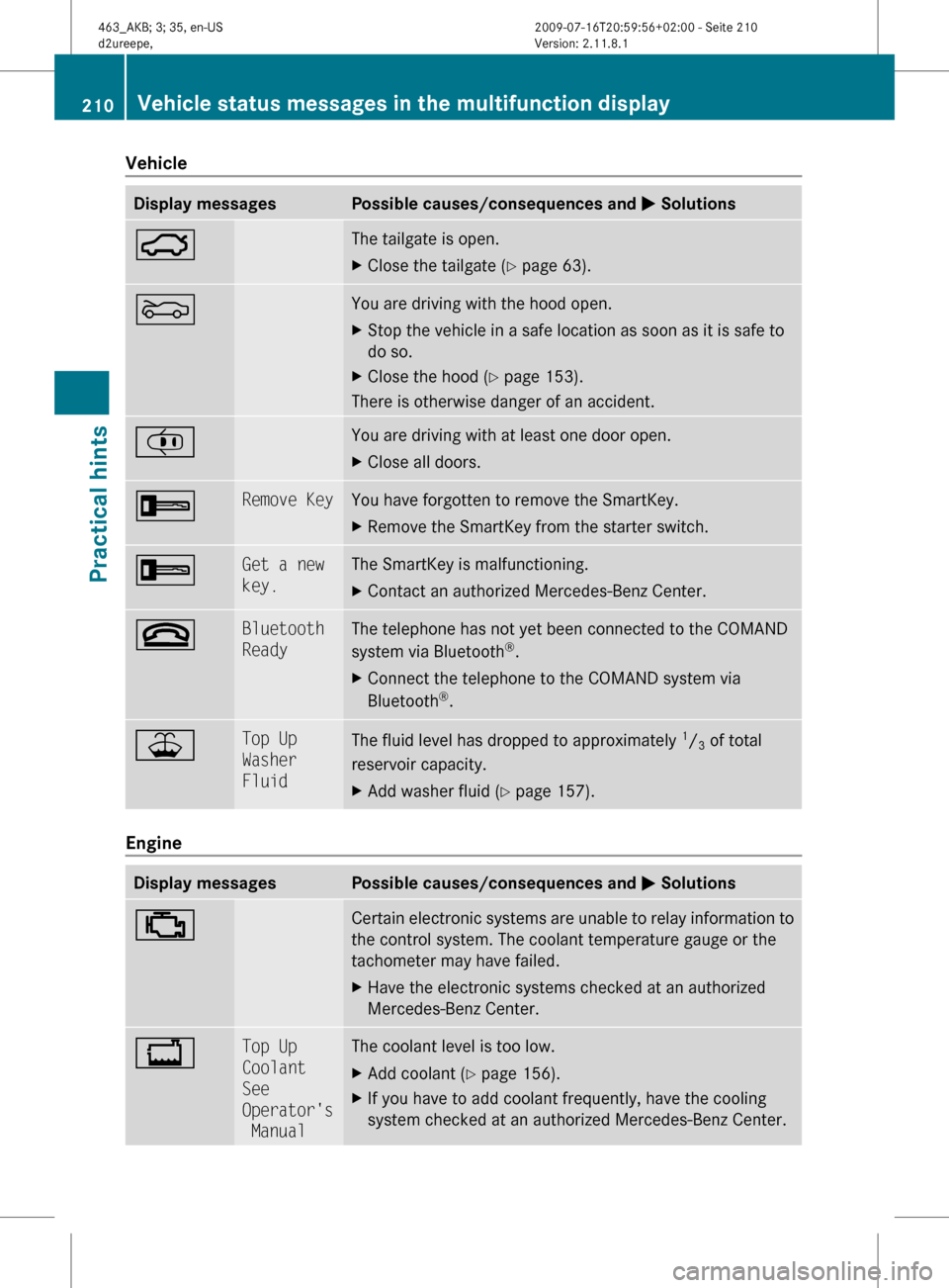 MERCEDES-BENZ G550 2010 W463 Owners Manual VehicleDisplay messagesPossible causes/consequences and M Solutions:The tailgate is open.XClose the tailgate ( Y page 63).MYou are driving with the hood open.XStop the vehicle in a safe location as so