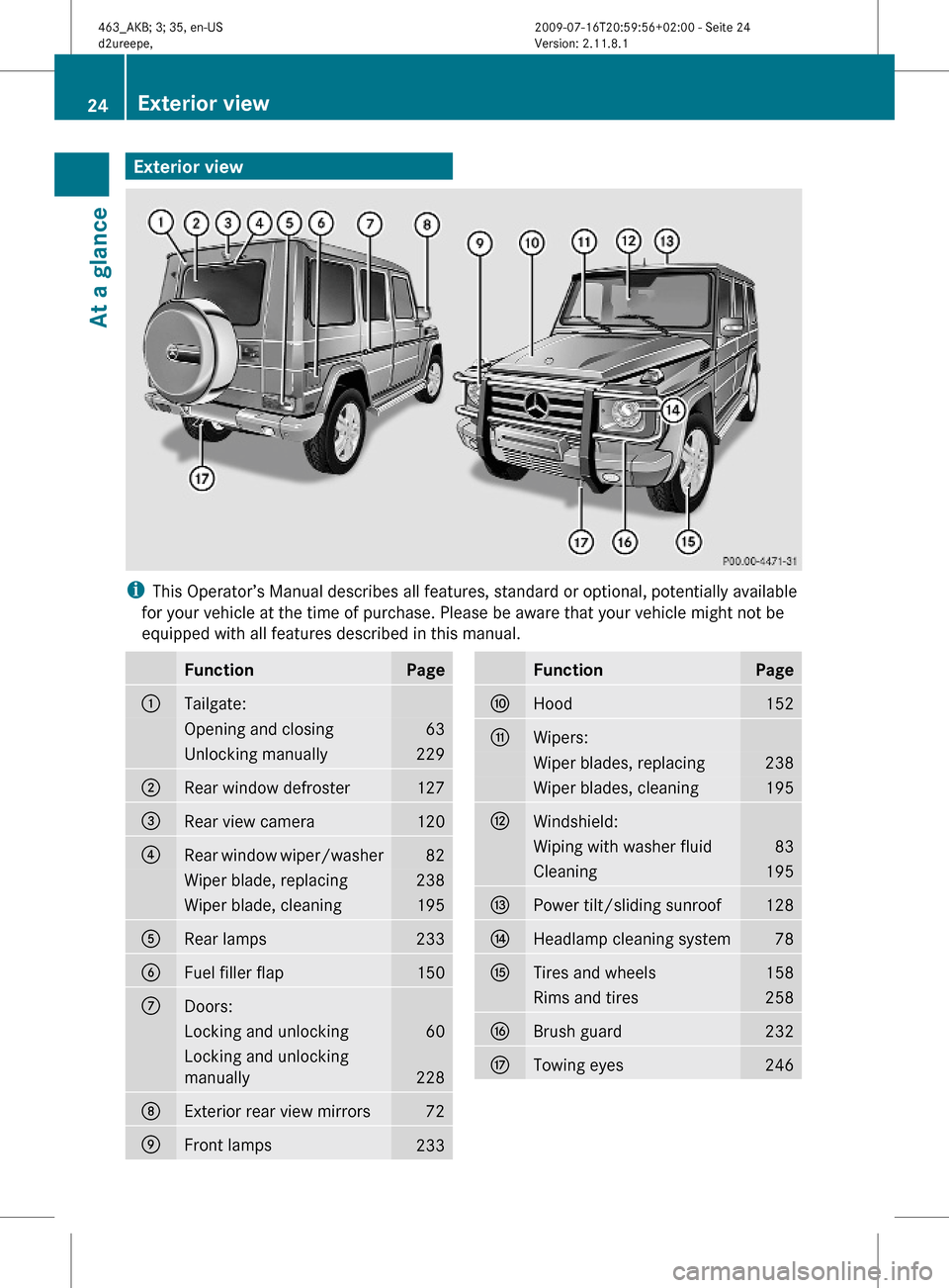 MERCEDES-BENZ G55AMG 2010 W463 Owners Manual Exterior viewiThis Operator’s Manual describes all features, standard or optional, potentially available
for your vehicle at the time of purchase. Please be aware that your vehicle might not be
equi