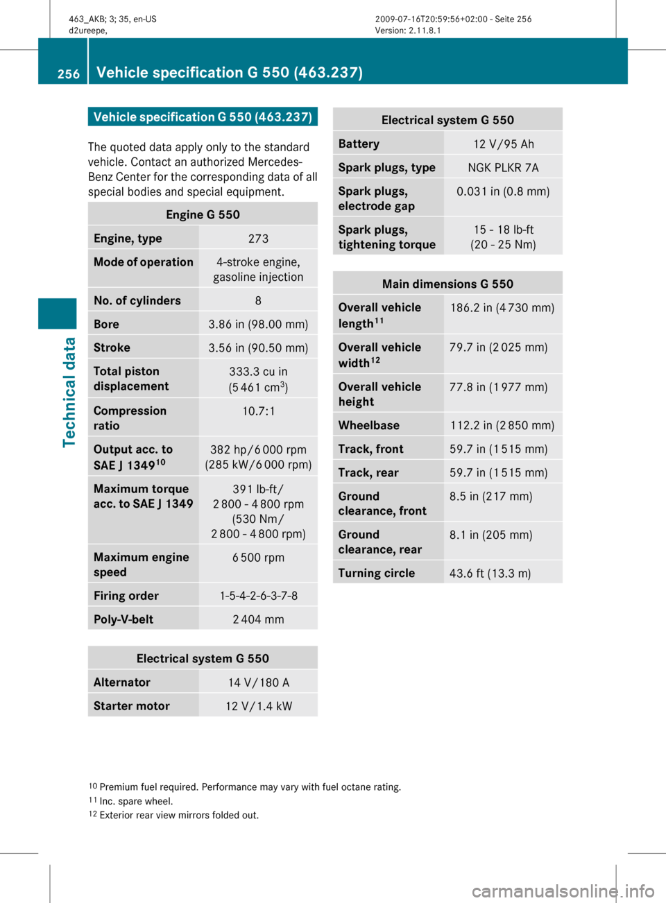 MERCEDES-BENZ G550 2010 W463 Owners Manual Vehicle specification G 550 (463.237)
The quoted data apply only to the standard
vehicle. Contact an authorized Mercedes-
Benz Center for the corresponding data of all
special bodies and special equip MERCEDES-BENZ G550 2010 W463 Owners Manual Vehicle specification G 550 (463.237)
The quoted data apply only to the standard
vehicle. Contact an authorized Mercedes-
Benz Center for the corresponding data of all
special bodies and special equip