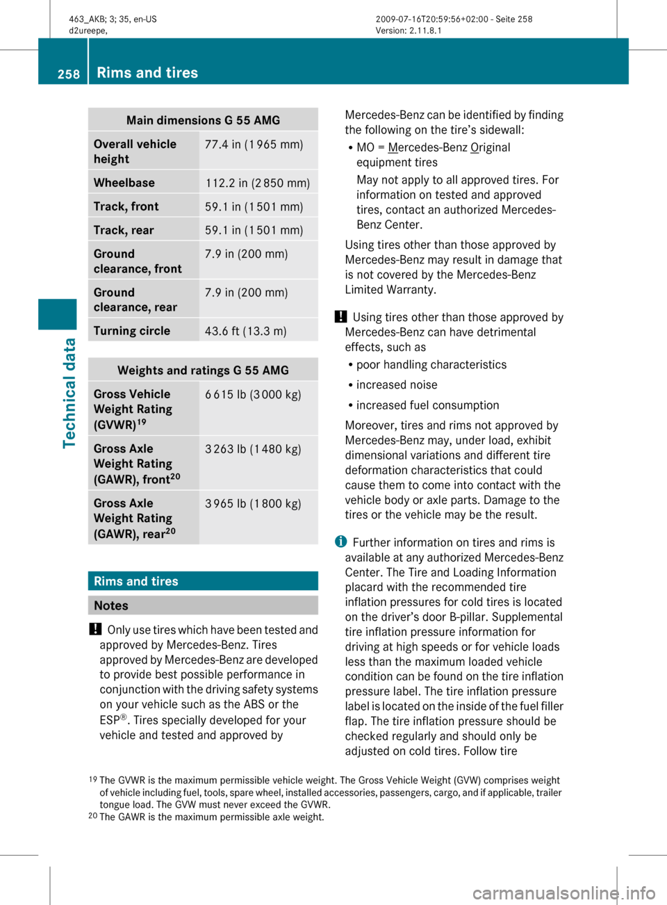 MERCEDES-BENZ G55AMG 2010 W463 Owners Manual Main dimensions G 55 AMGOverall vehicle 
height77.4 in (1  965 mm)Wheelbase112.2 in (2  850 mm)Track, front59.1 in (1  501 mm)Track, rear59.1 in (1  501 mm)Ground 
clearance, front7.9 in (200 mm)Groun