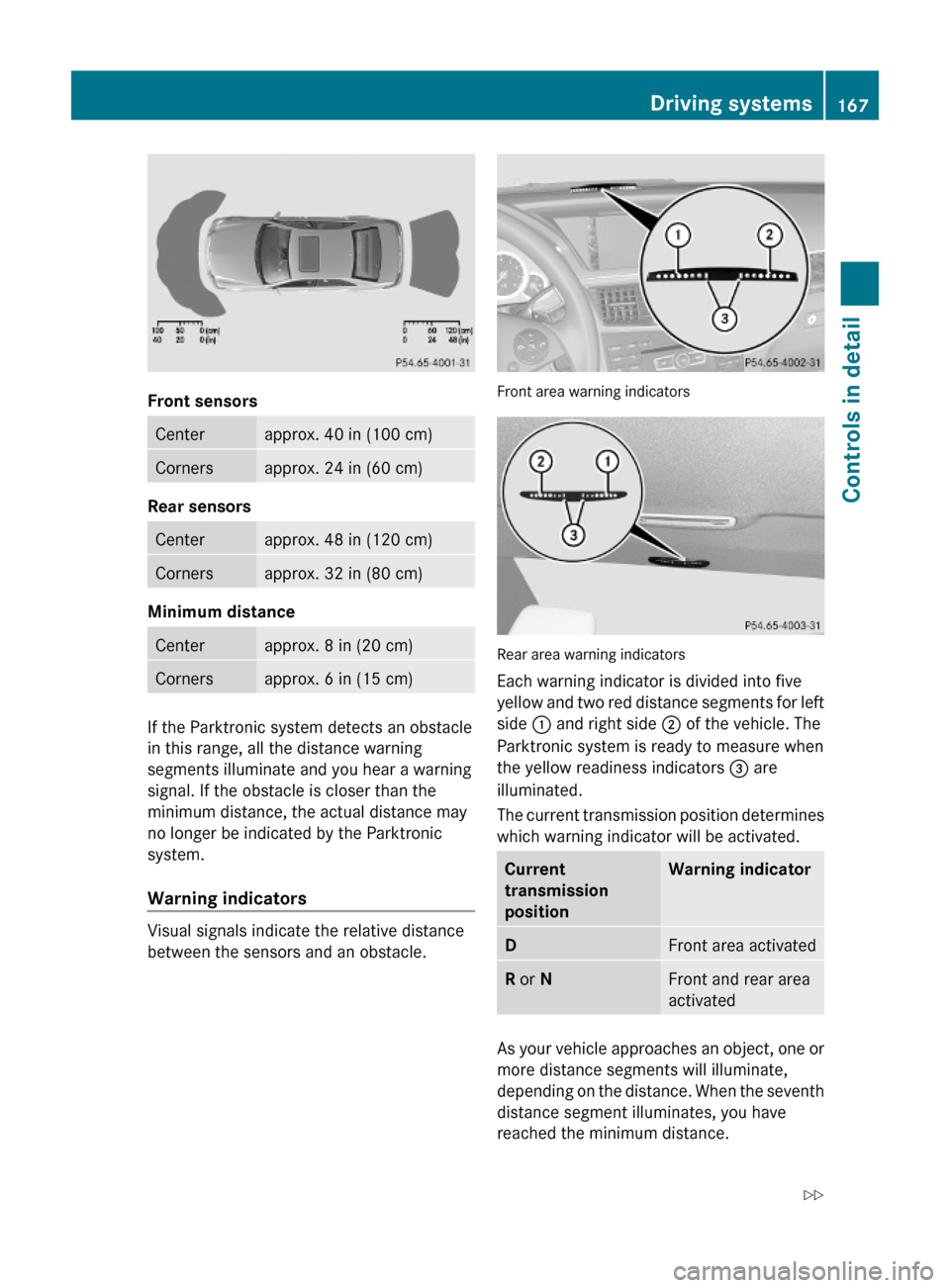 MERCEDES-BENZ E63AMG 2010 W212 Owners Manual Front sensors
Centerapprox. 40 in (100 cm)Cornersapprox. 24 in (60 cm)
Rear sensors
Centerapprox. 48 in (120 cm)Cornersapprox. 32 in (80 cm)
Minimum distance 
Centerapprox. 8 in (20 cm)Cornersapprox. 