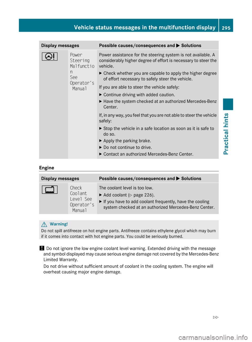 MERCEDES-BENZ E350 2010 W212 User Guide Display messagesPossible causes/consequences and M SolutionsDPower 
Steering
Malfunctio
n
See 
Operators
 ManualPower assistance for the steering system is not available. A
considerably higher degree