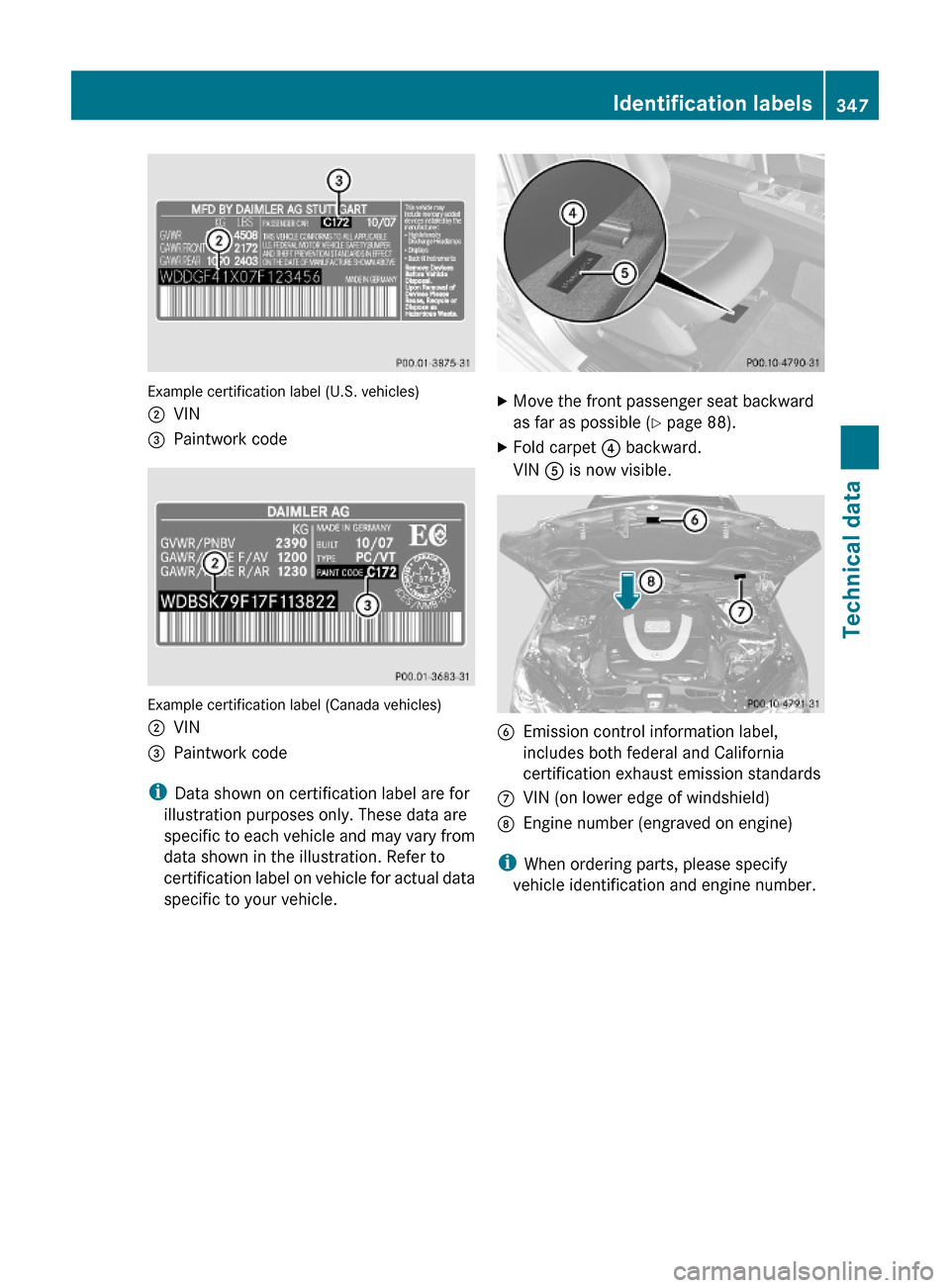 MERCEDES-BENZ E63AMG 2010 W212 Owners Manual Example certification label (U.S. vehicles)
;VIN=Paintwork code 
Example certification label (Canada vehicles)
;VIN=Paintwork code
iData shown on certification label are for
illustration purposes only