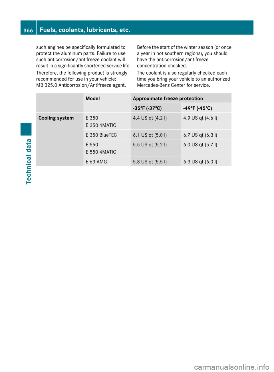 MERCEDES-BENZ E350 2010 W212 Owners Guide such engines be specifically formulated to
protect the aluminum parts. Failure to use
such anticorrosion/antifreeze coolant will
result in a significantly shortened service life.
Therefore, the follow